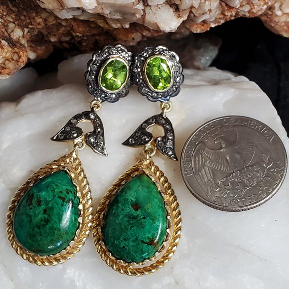 Sterling Silver 925/14k Gold Earrings Diamond African Chrysocolla Natural Stone - Picture 8 of 11
